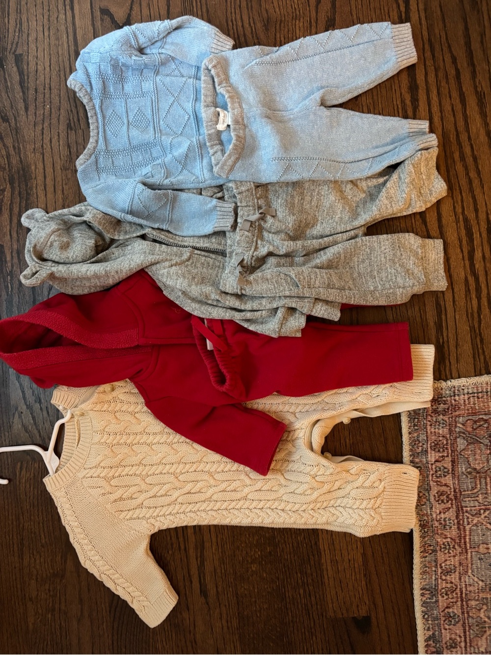 0-3 months Baby Knit Romper Bundle in Cream, Light Blue, Gray, and Red